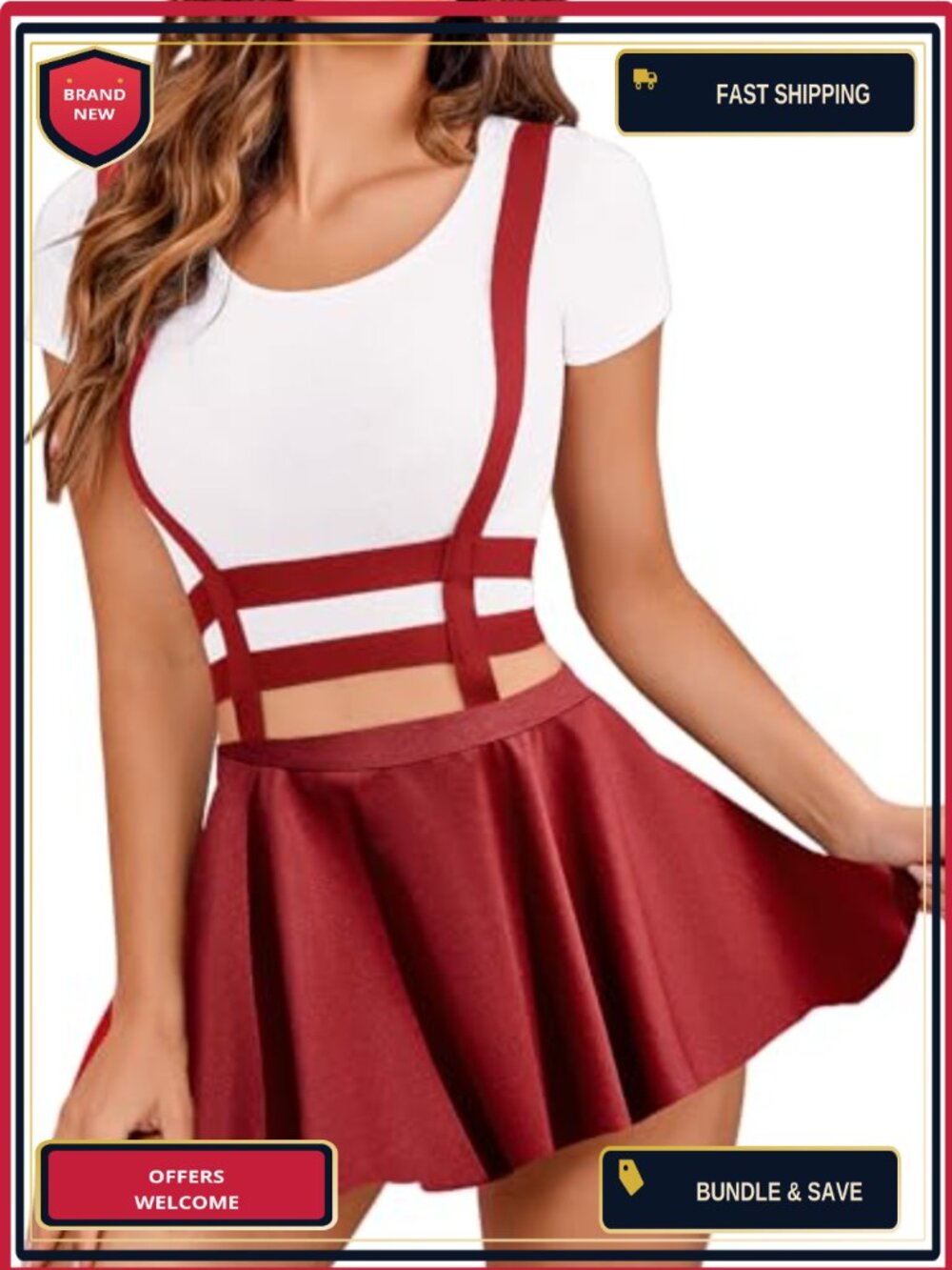 Pleated Suspender Skirt Elastic High Waist A-Line Mini